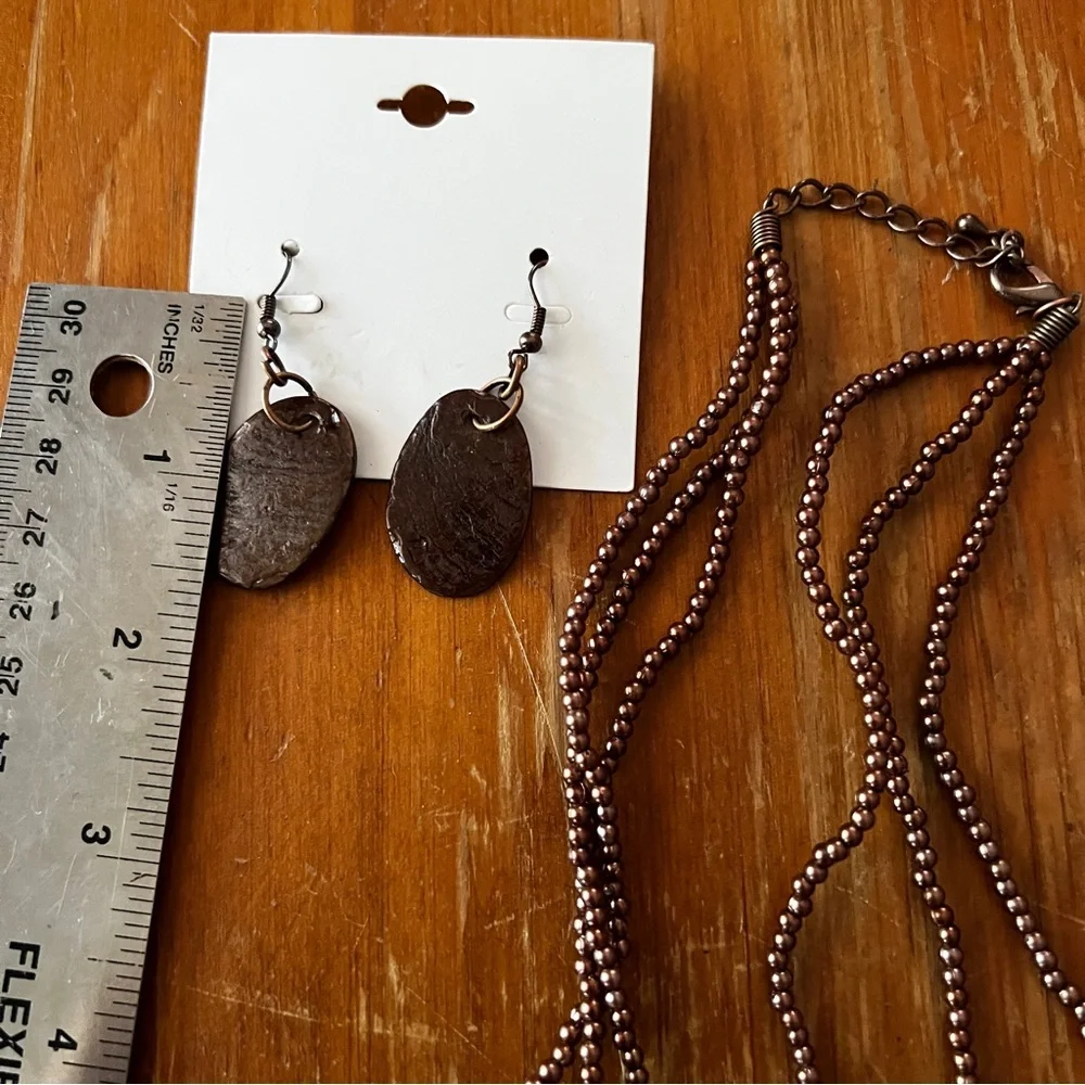 Philippines Multi-Strand Brown Statement Necklace & Earring Set Oval Disc